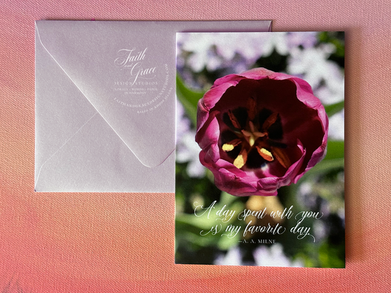 Purple Tulip Greeting Card featuring quote from A A Milne: 