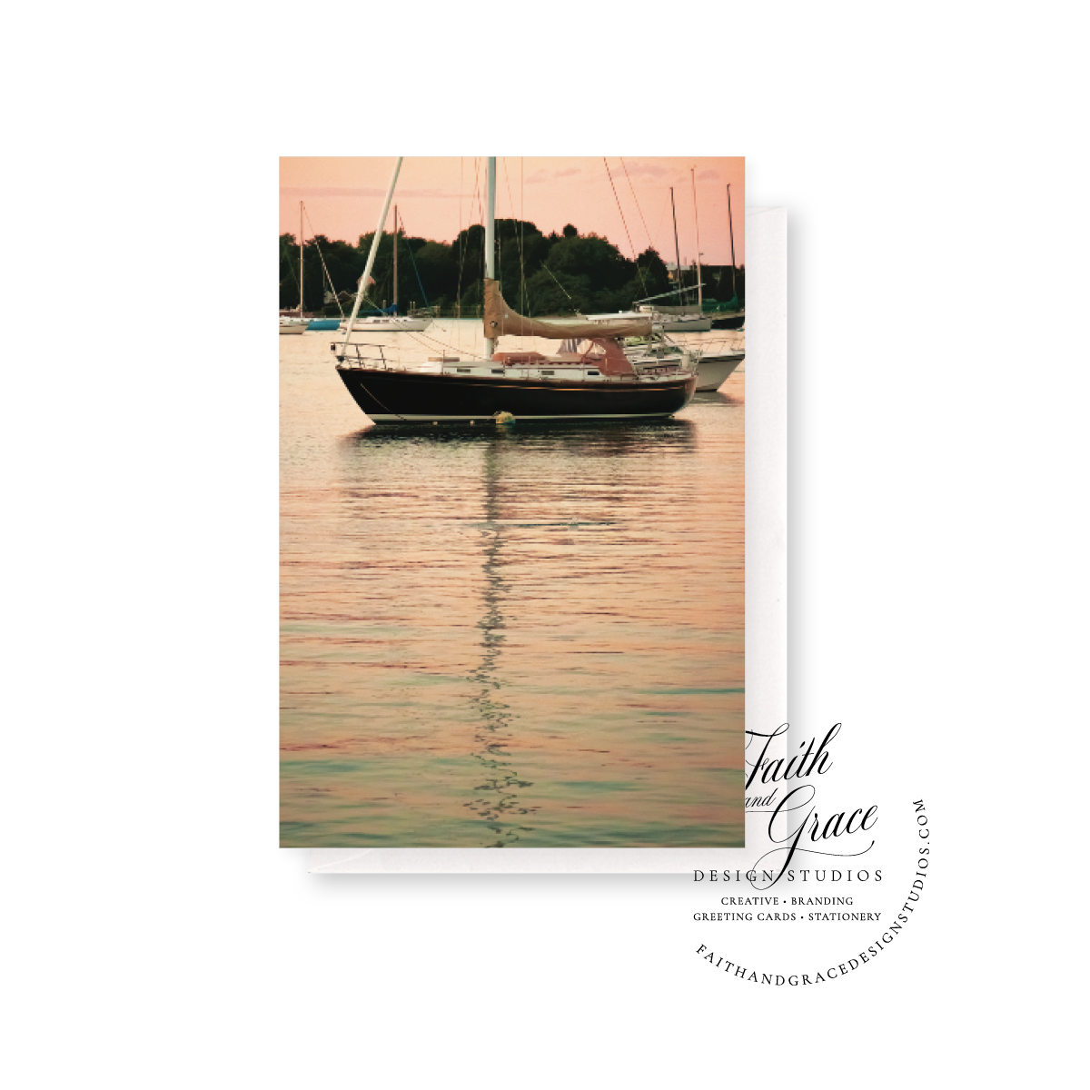 Set of 10: Pink Reflections at Dusk Sailboat Notecard | Blank Inside