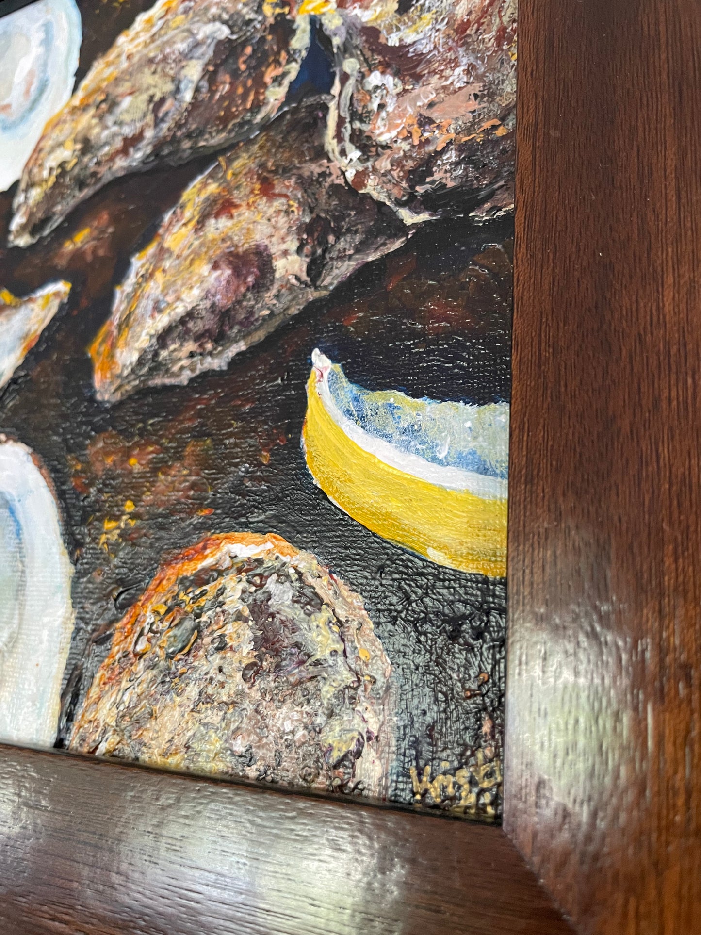 Quonnie Siren Oysters, 8x8 Acrylic Painting Framed in Dark Walnut
