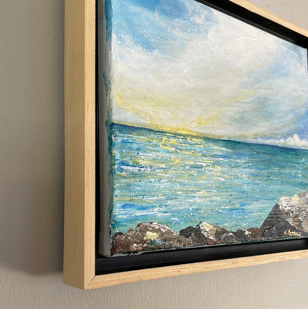 Coastline Shine, 8x10 Acrylic Painting in Floating Natural Oak Frame