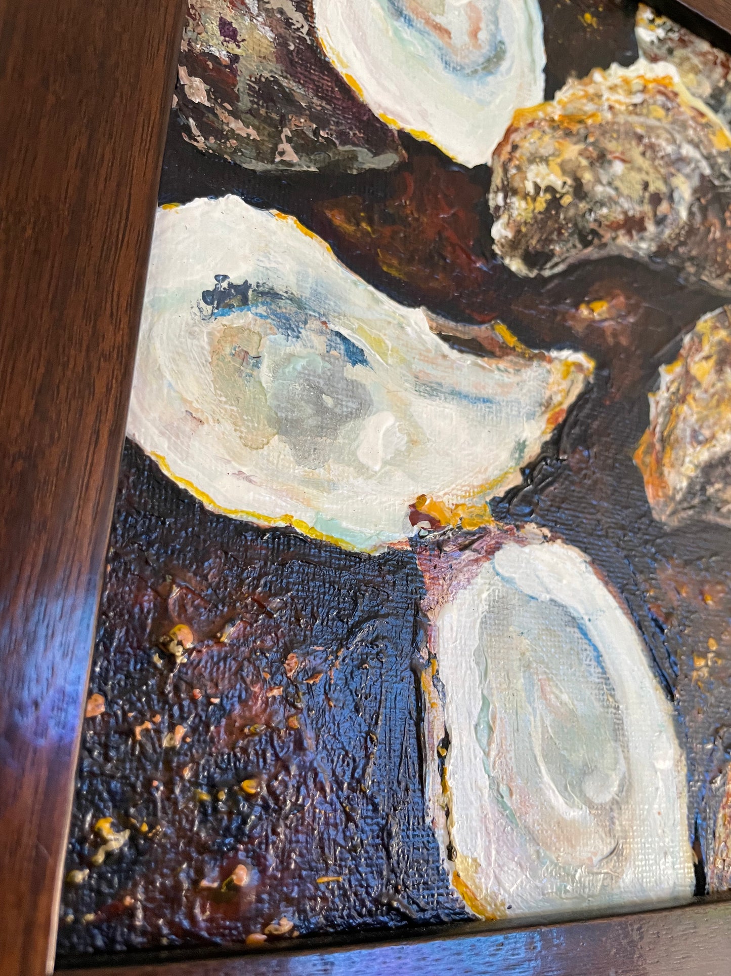 Quonnie Siren Oysters, 8x8 Acrylic Painting Framed in Dark Walnut