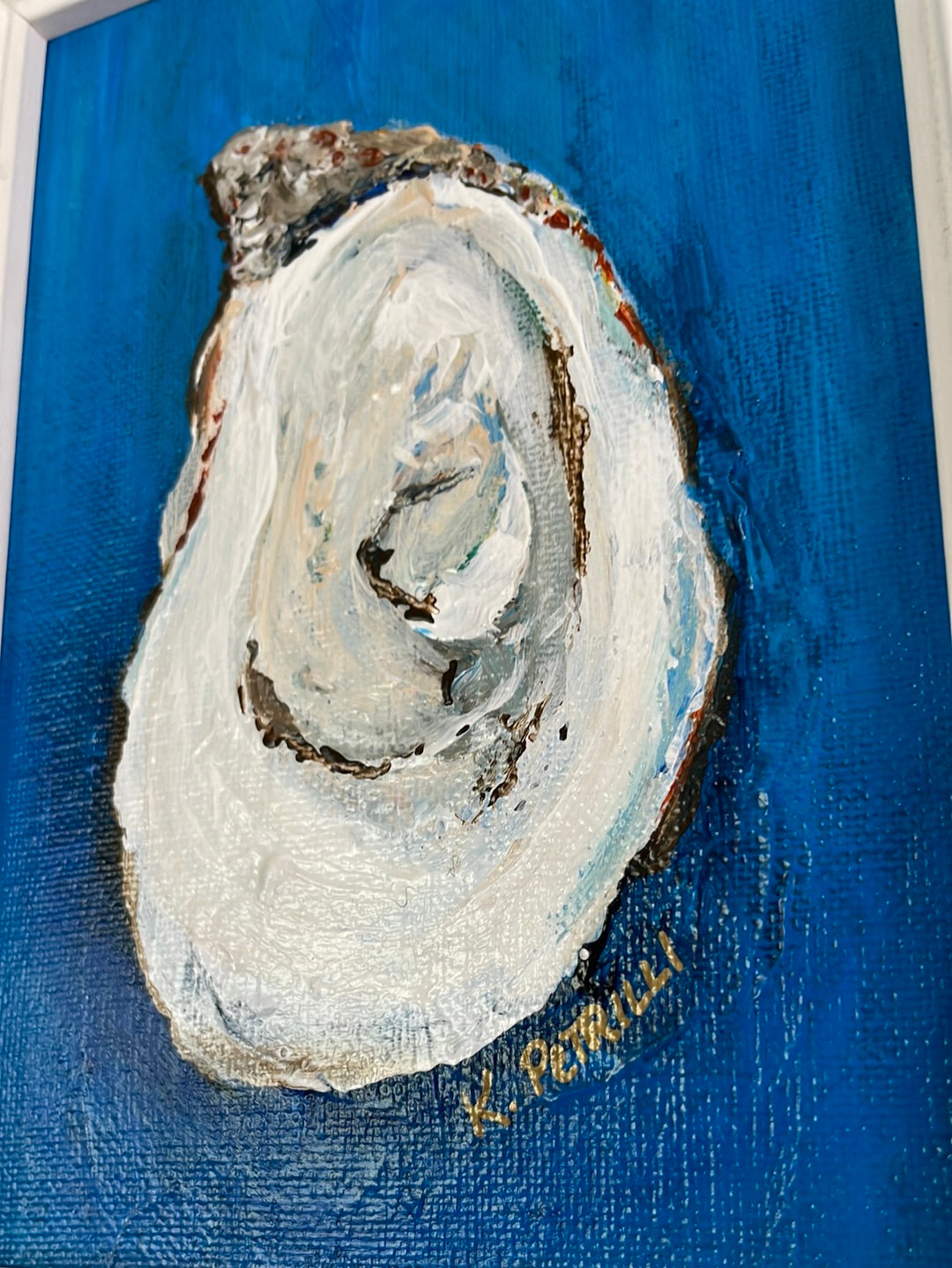 Oyster #2, 5x7 Acrylic Painting Framed in Rustic White Wood