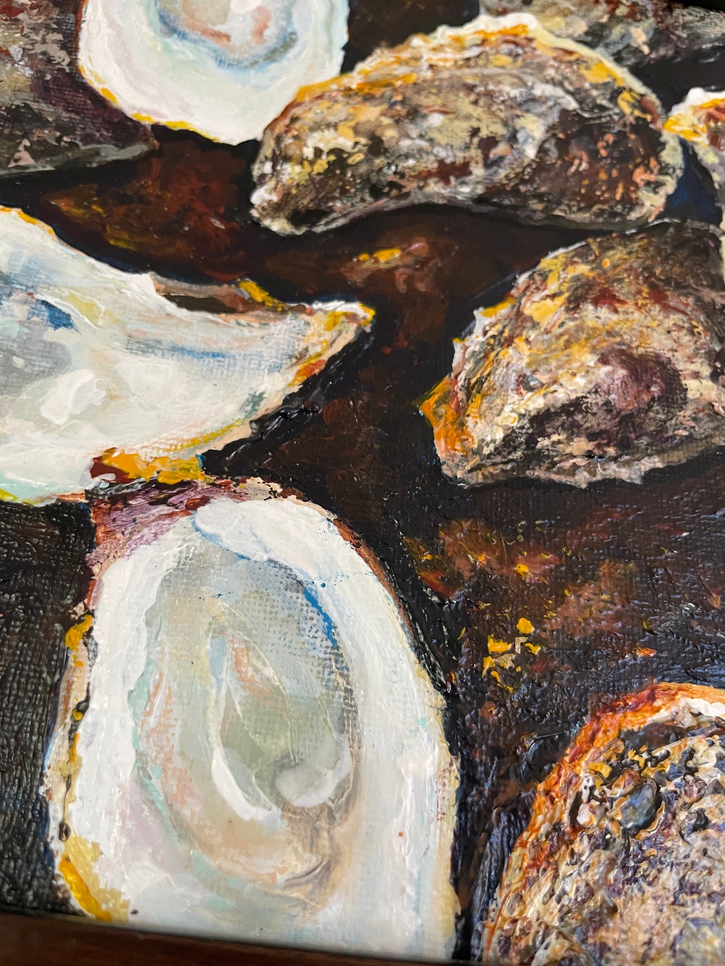 Quonnie Siren Oysters, 8x8 Acrylic Painting Framed in Dark Walnut