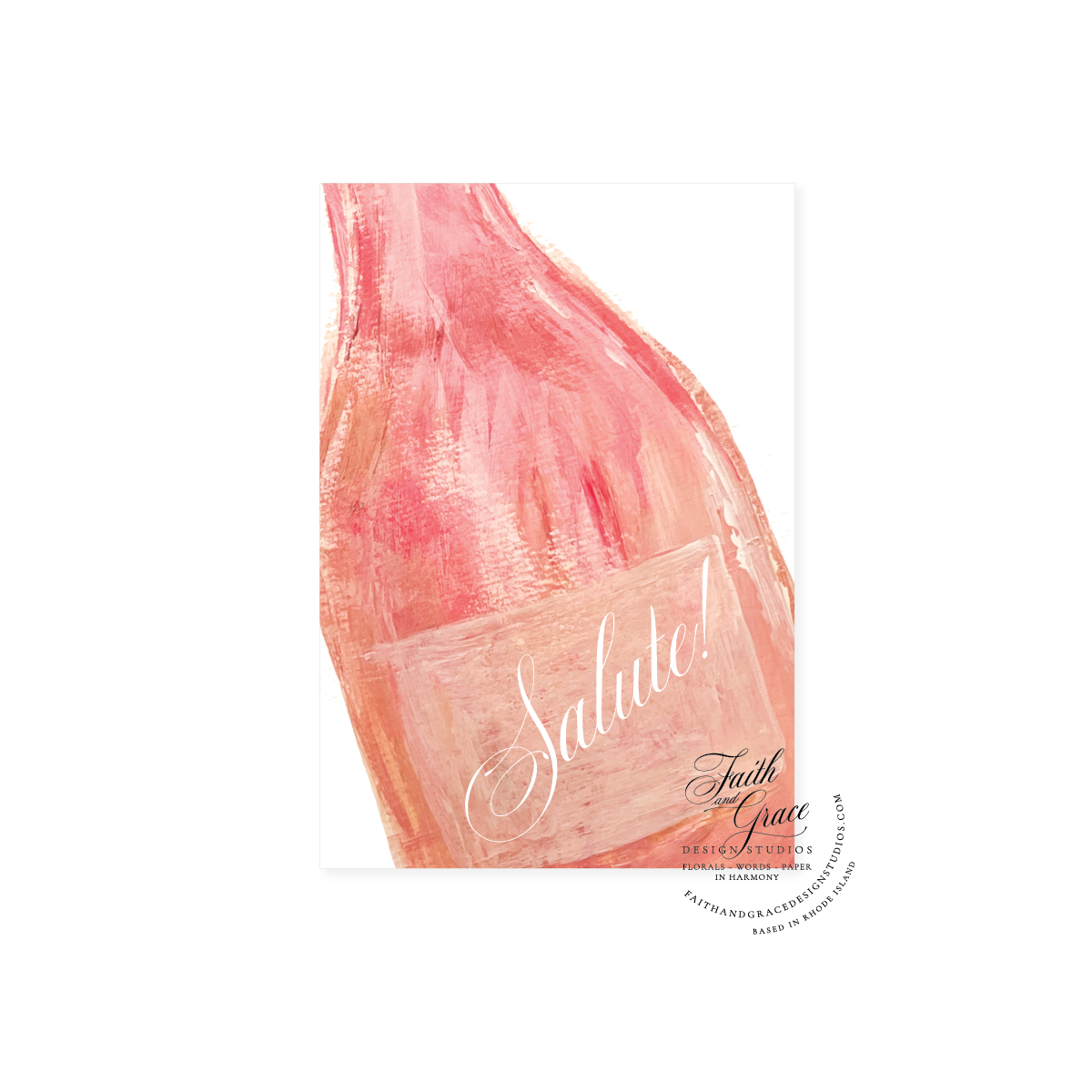 Salute in white Script on pink champagne botttle