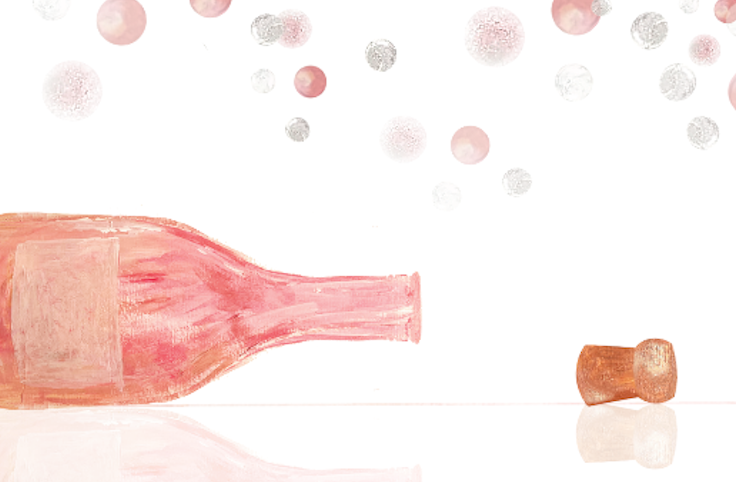 painted pink champagne bottle, bubbles and cork