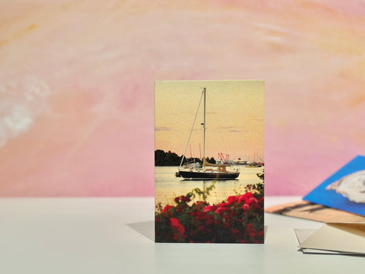 Pink Roses and Sailboat at Gardner's Wharf Wickford Notecard | Blank Inside