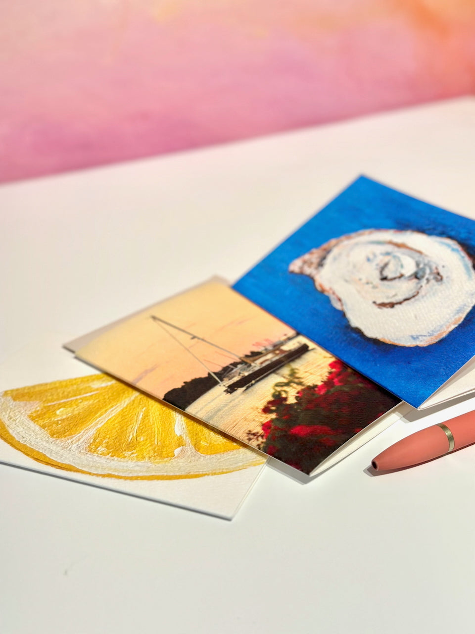 Pink Roses and Sailboat at Gardner's Wharf Wickford Notecard | Blank Inside