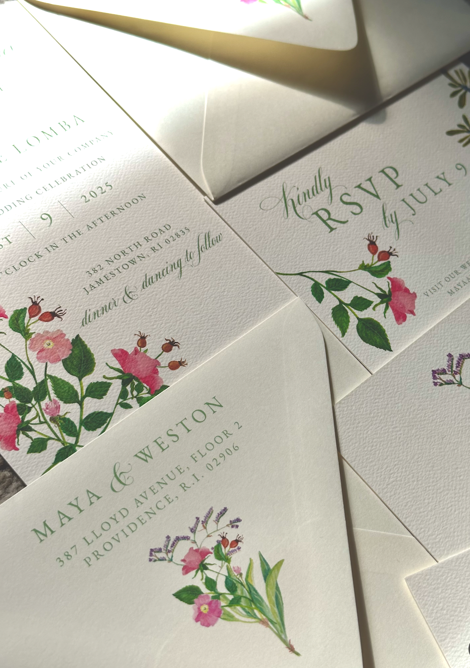 Wedding invitation set with floral designs and envelopes. Roses. Rhode Island wedding invitation designer.