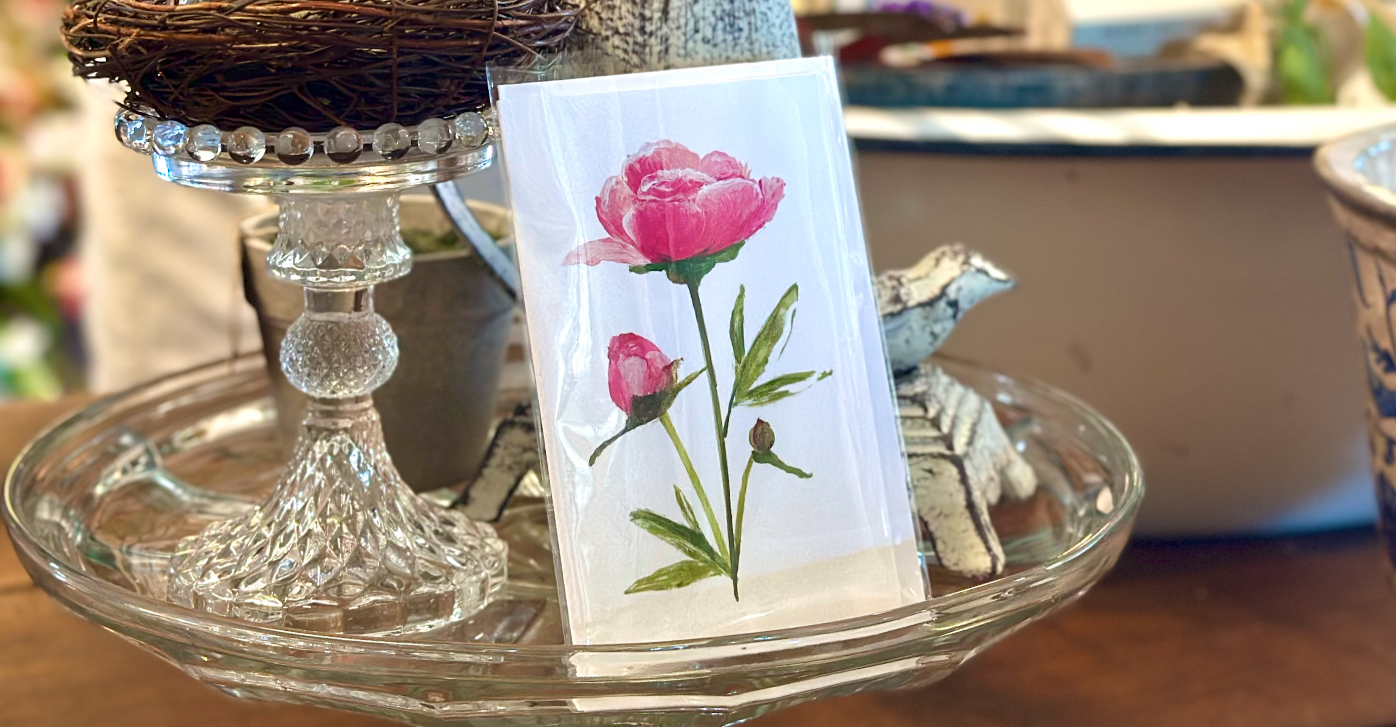 Pink Painted Peony card by Faith and Grace Design Studios, seen at Bleubell Cottage and Garden, East Greenwich, RI