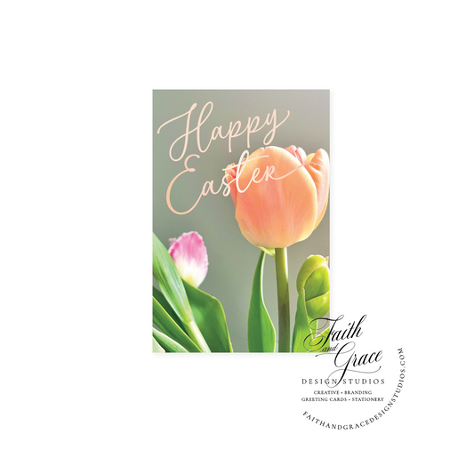 Happy Easter Tulips Easter Card featuring pink and coral tulips.