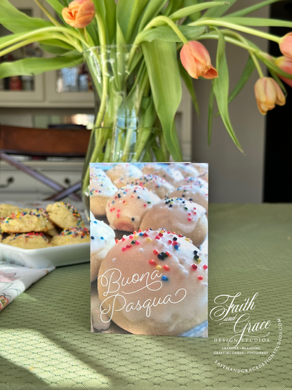 Buona Pasqua Italian Easter Card featuring italian egg biscuits, green tablecloth and orange tulips 