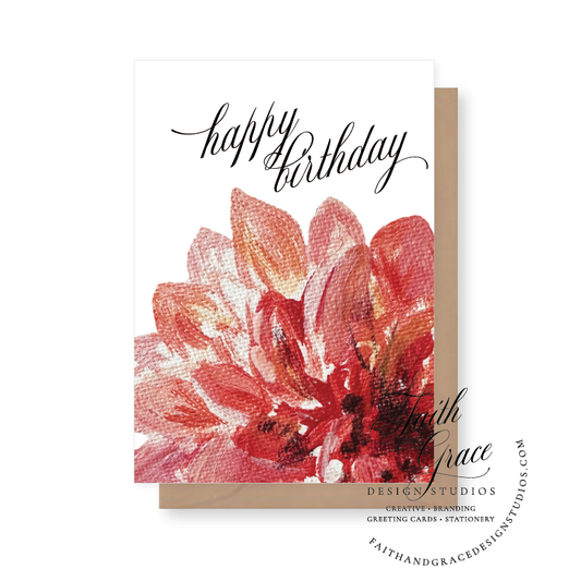 Painted pink dahlias paired with Happy Birthday in Script