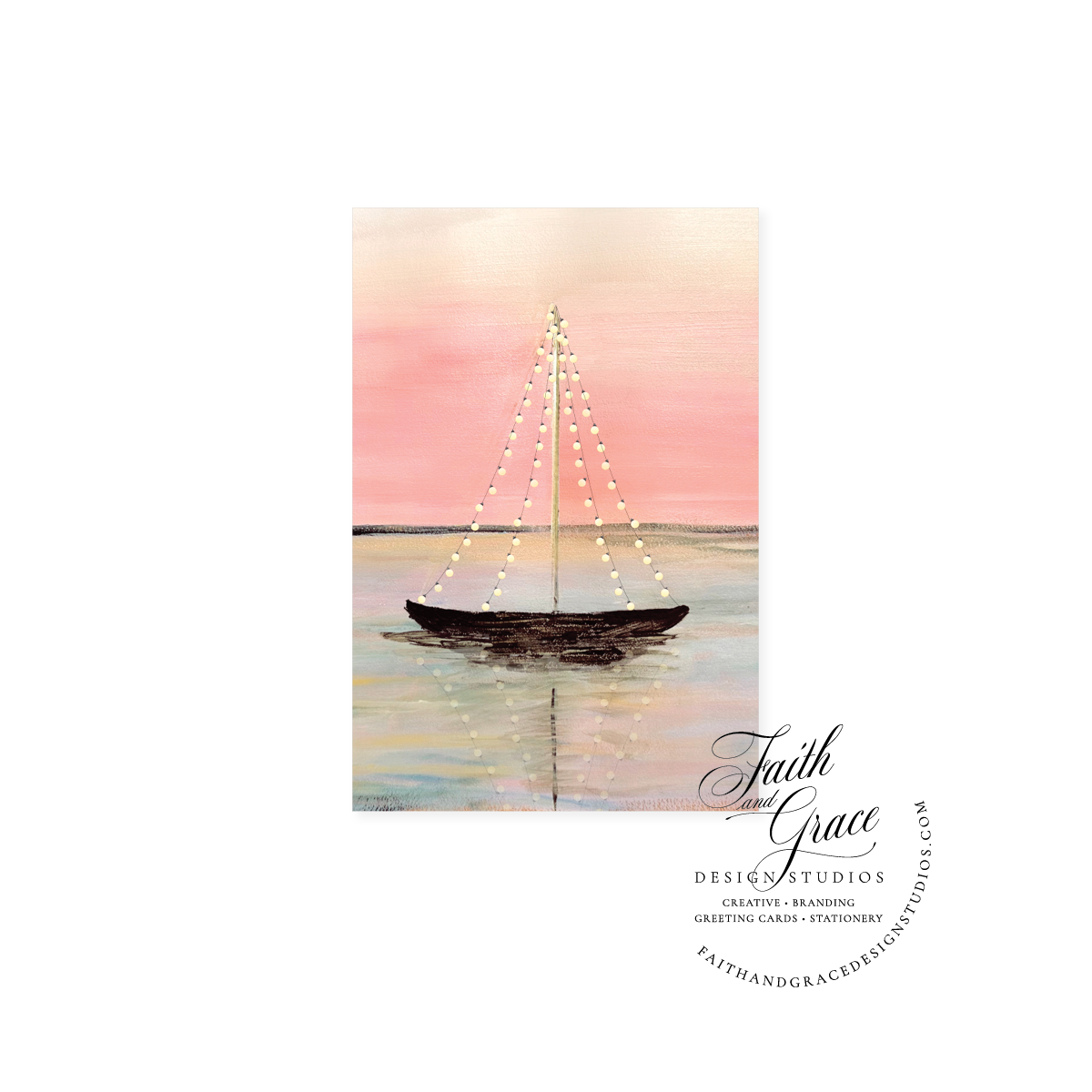 Peaceful Cove at Dusk with a Sailboat Dressed in White Lights | Blank Inside