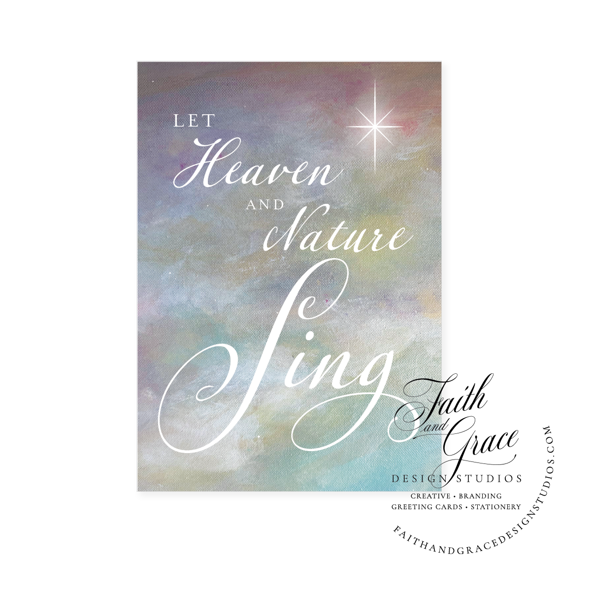 Heaven and Nature Sing written over dramatic painted sky and the Star of Bethlehem. Inside features Joy to the World.
