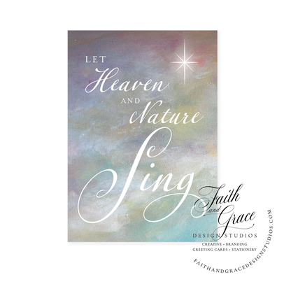 Heaven and Nature Sing written over dramatic painted sky and the Star of Bethlehem. Inside features Joy to the World.