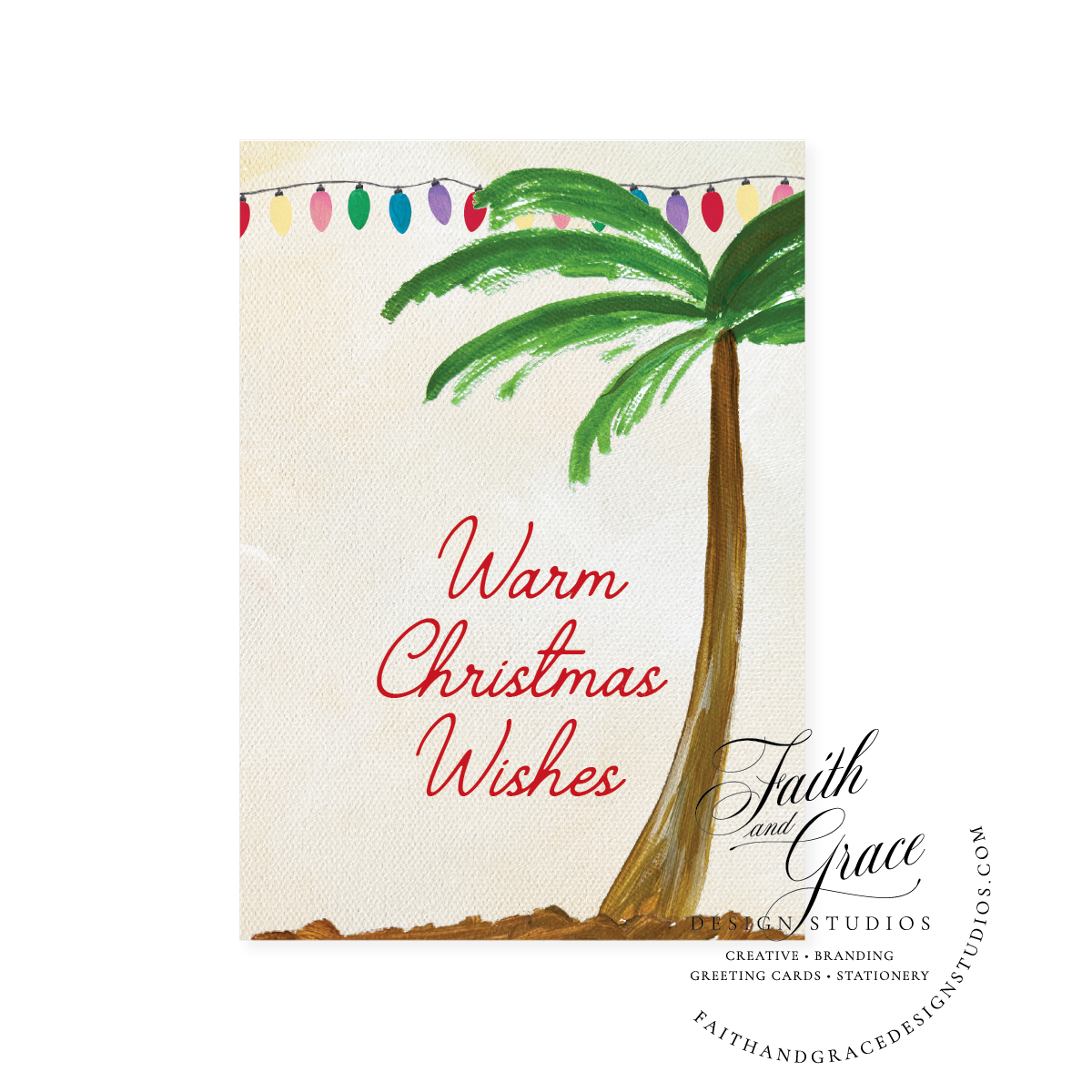 Palm Tree Christmas Card featuring hand painted palm tree and vintage Christmas lights over a painted warm sky