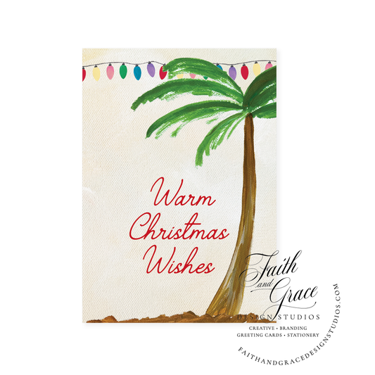 Palm Tree Christmas Card featuring hand painted palm tree and vintage Christmas lights over a painted warm sky