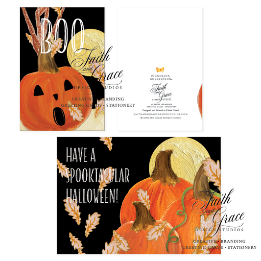 Pumpkin saying BOO on the front of hte card surrounded by fall leaves and a black sky.