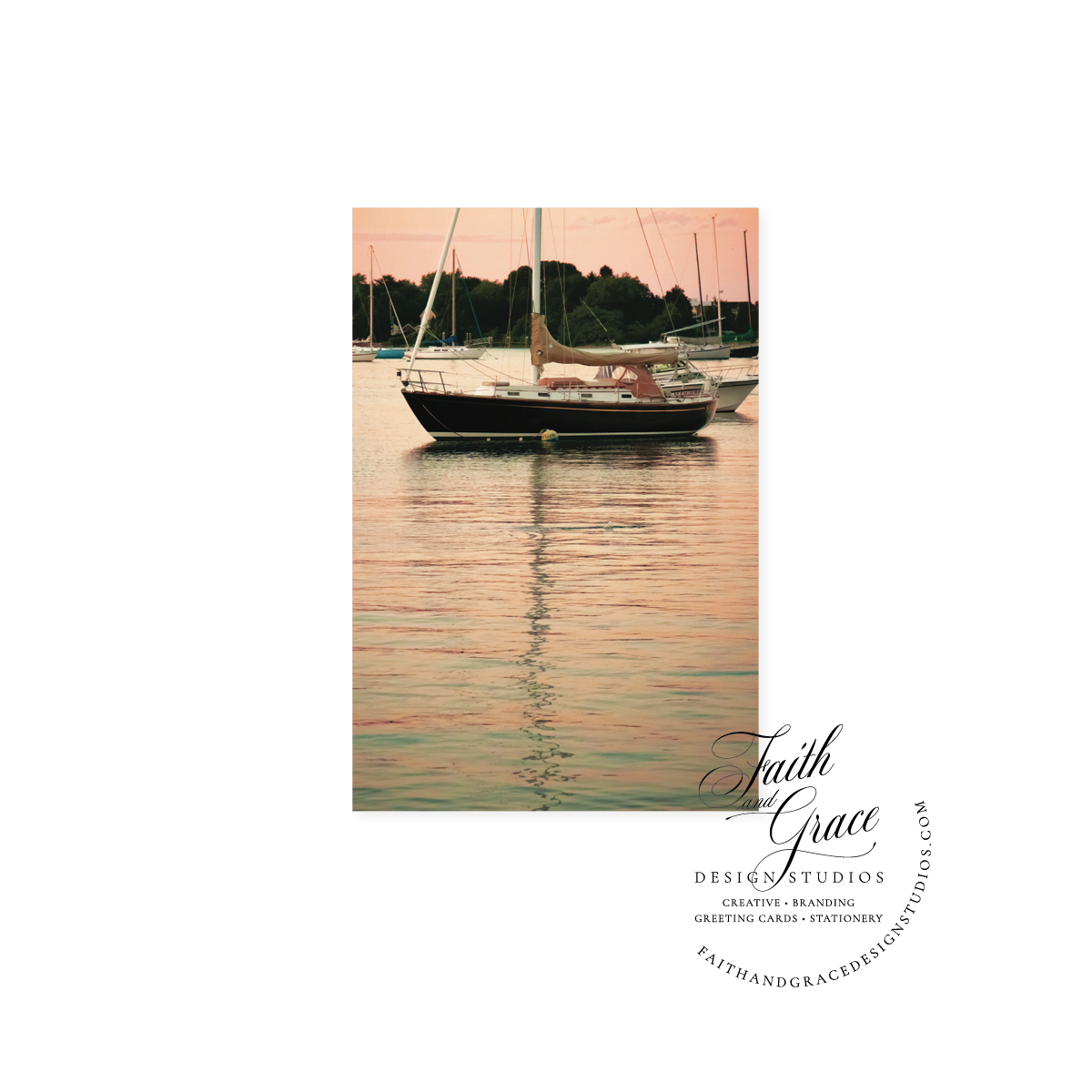 Pink Reflections at Dusk Sailboat Notecard | Blank Inside