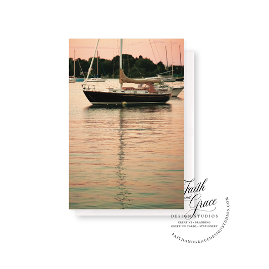 Set of 10: Pink Reflections at Dusk Sailboat Notecard | Blank Inside