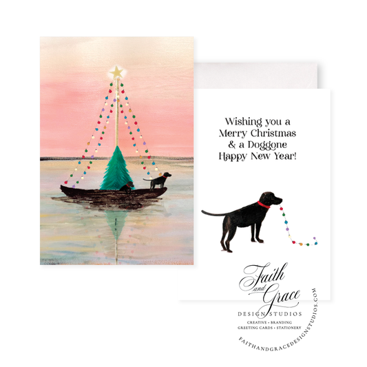 Set of 10: Sailboat with Black Labrador Retrievers and Festive Christmas Lights Christmas Card