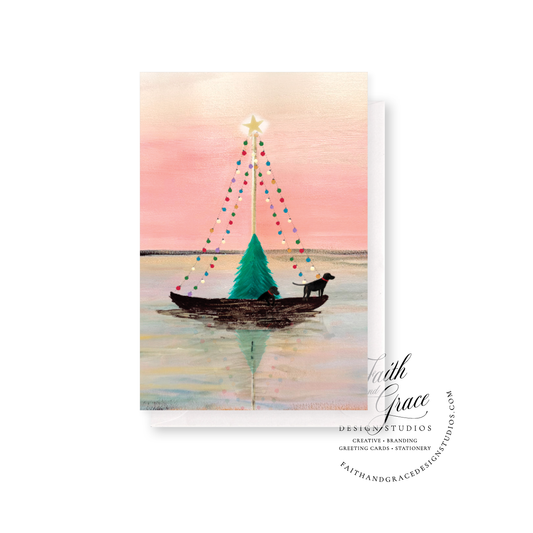 Set of 10: Sailboat with Black Labrador Retrievers and Festive Christmas Lights Christmas Card