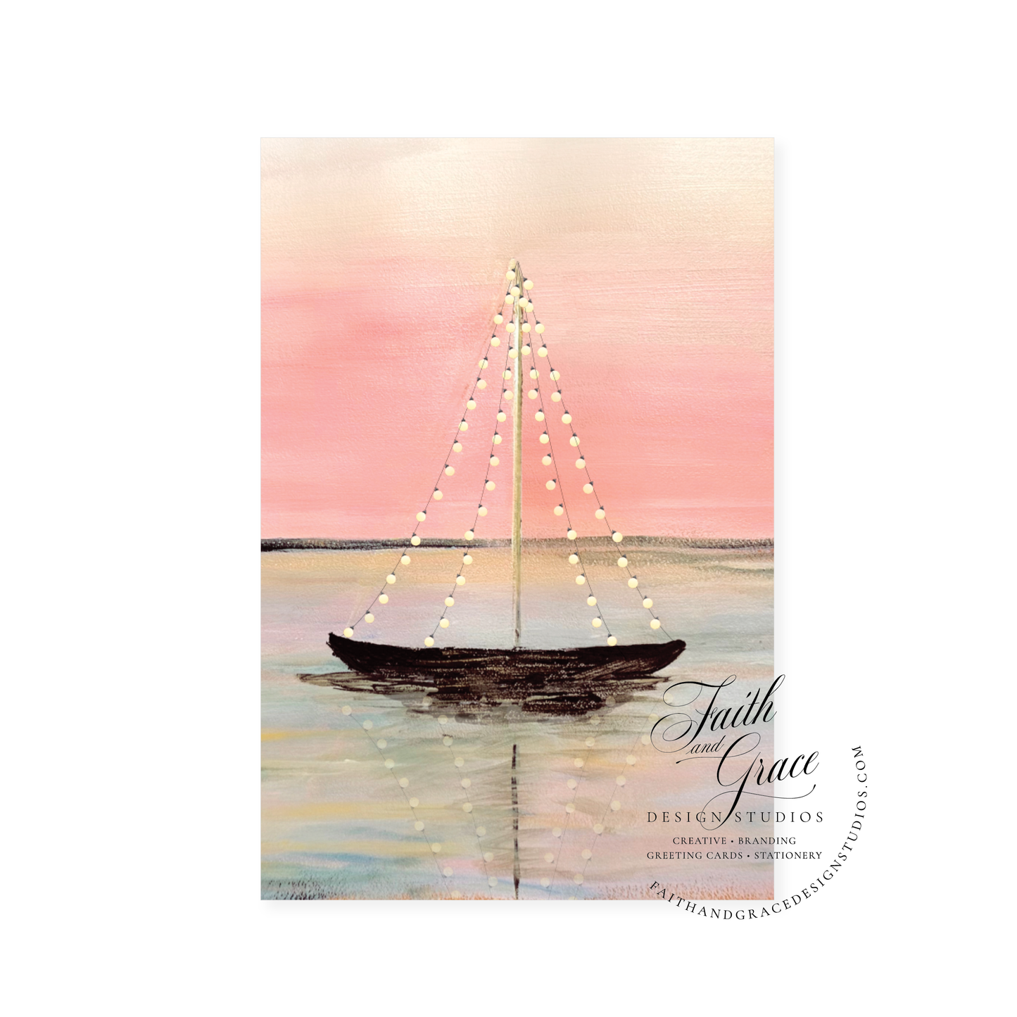 Set of 10: Peaceful Cove at Dusk with a Sailboat Dressed in White Lights | Blank Inside