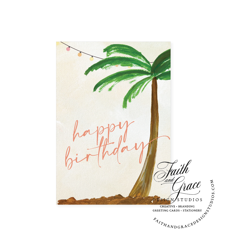 Palm Tree Birthday Card featuring hand painted palm tree and vintage lights over a painted warm sky 