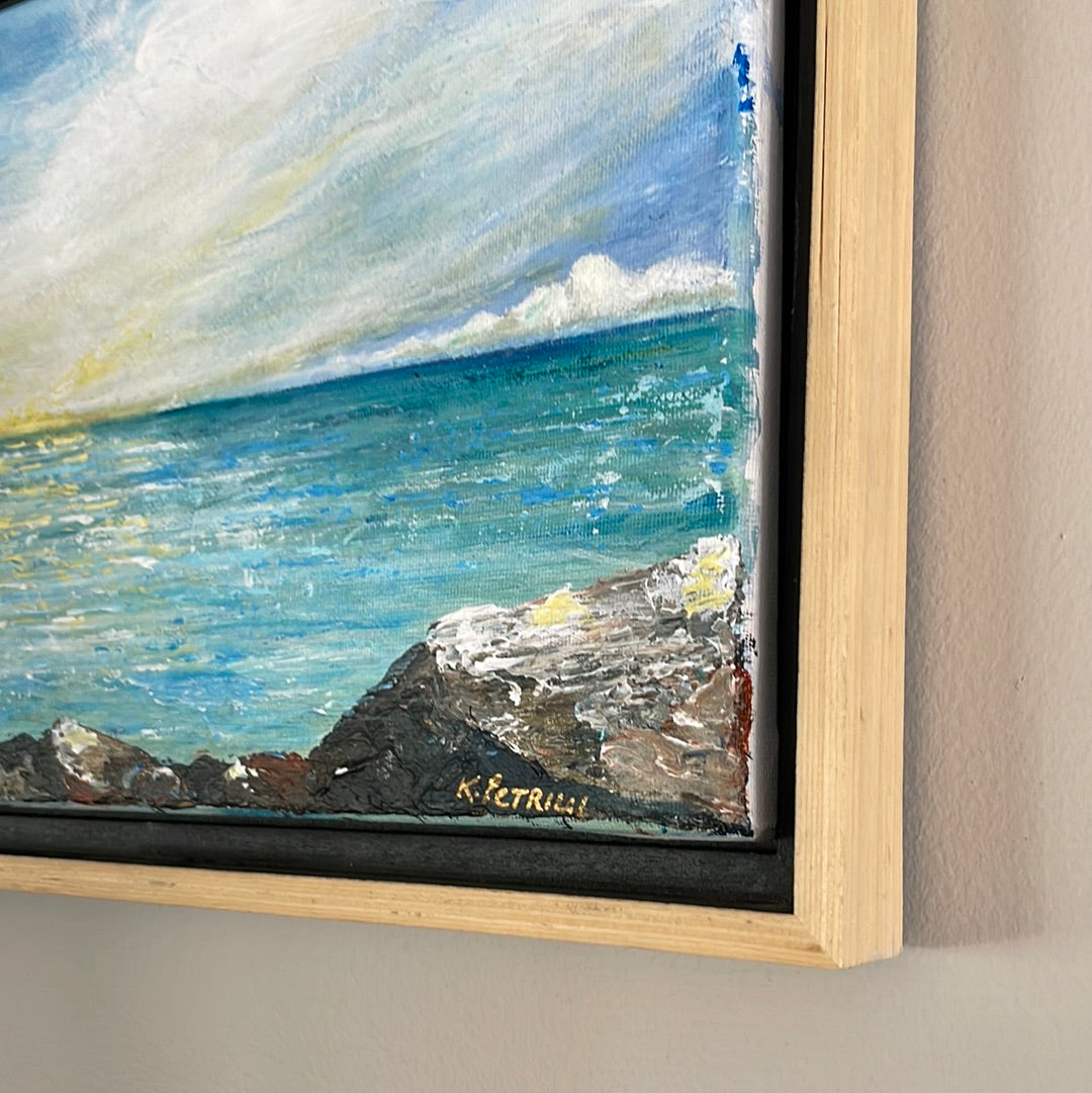 Coastline Shine, 8x10 Acrylic Painting in Floating Natural Oak Frame