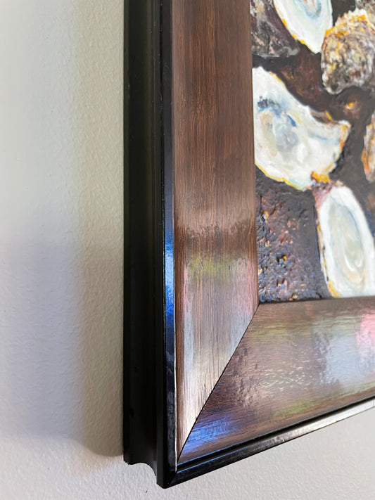 Quonnie Siren Oysters, 8x8 Acrylic Painting Framed in Dark Walnut