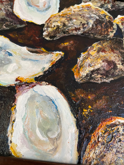 Quonnie Siren Oysters, 8x8 Acrylic Painting Framed in Dark Walnut