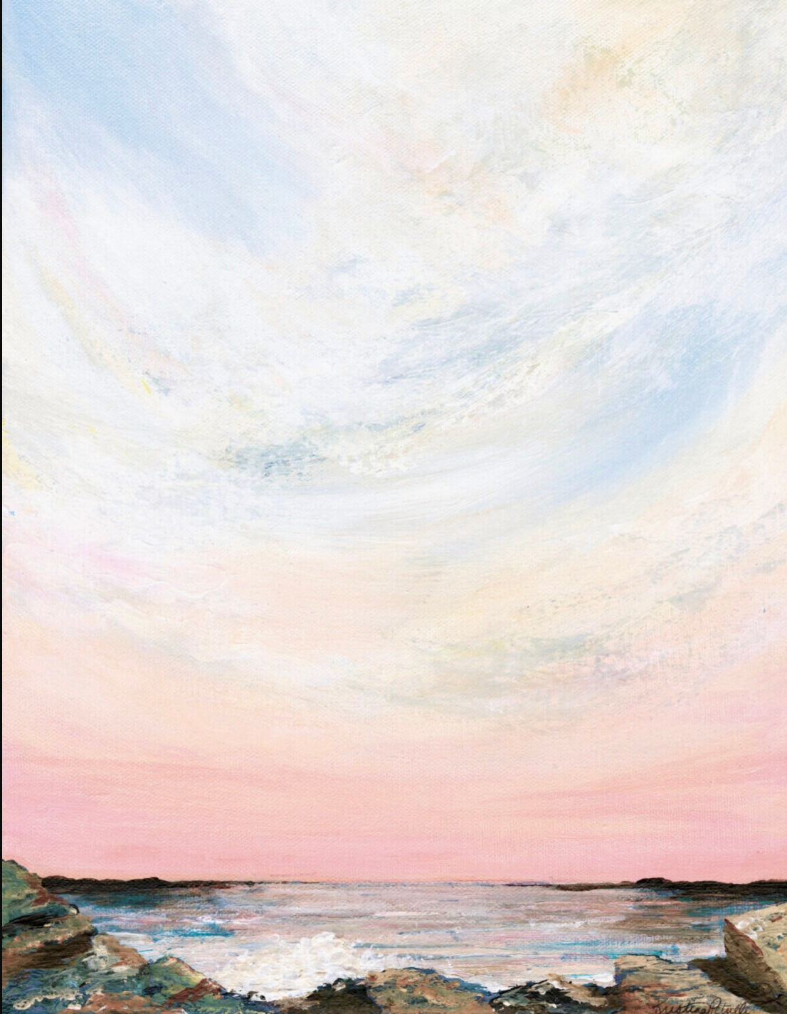 Coastal painting of dusk sky over rocks by Kristina Petrilli