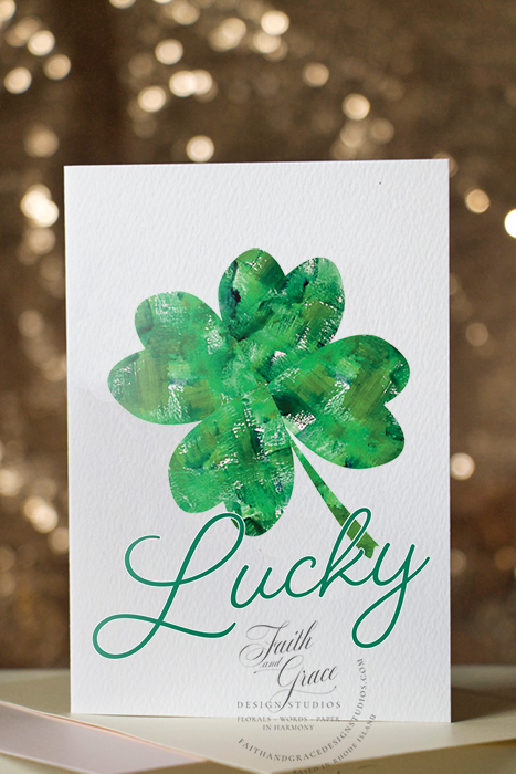 shamrock and Lucky in script greeting card for St. Patrick's Day