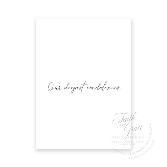 Our Deepest Condolences in black script on white felt and inside features Isaiah 53:4 Religious Sympathy Card