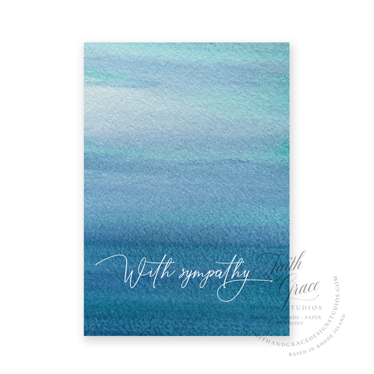 with sympathy in white script on blue watercolor background Watercolor Sympathy Card