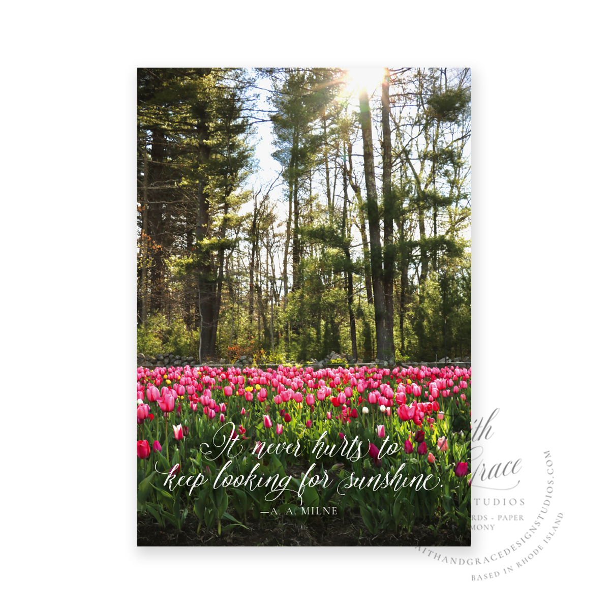 Field of pink tulips at Wicked Tulips Flower Farm featuring A A Milne quote Greeting Card