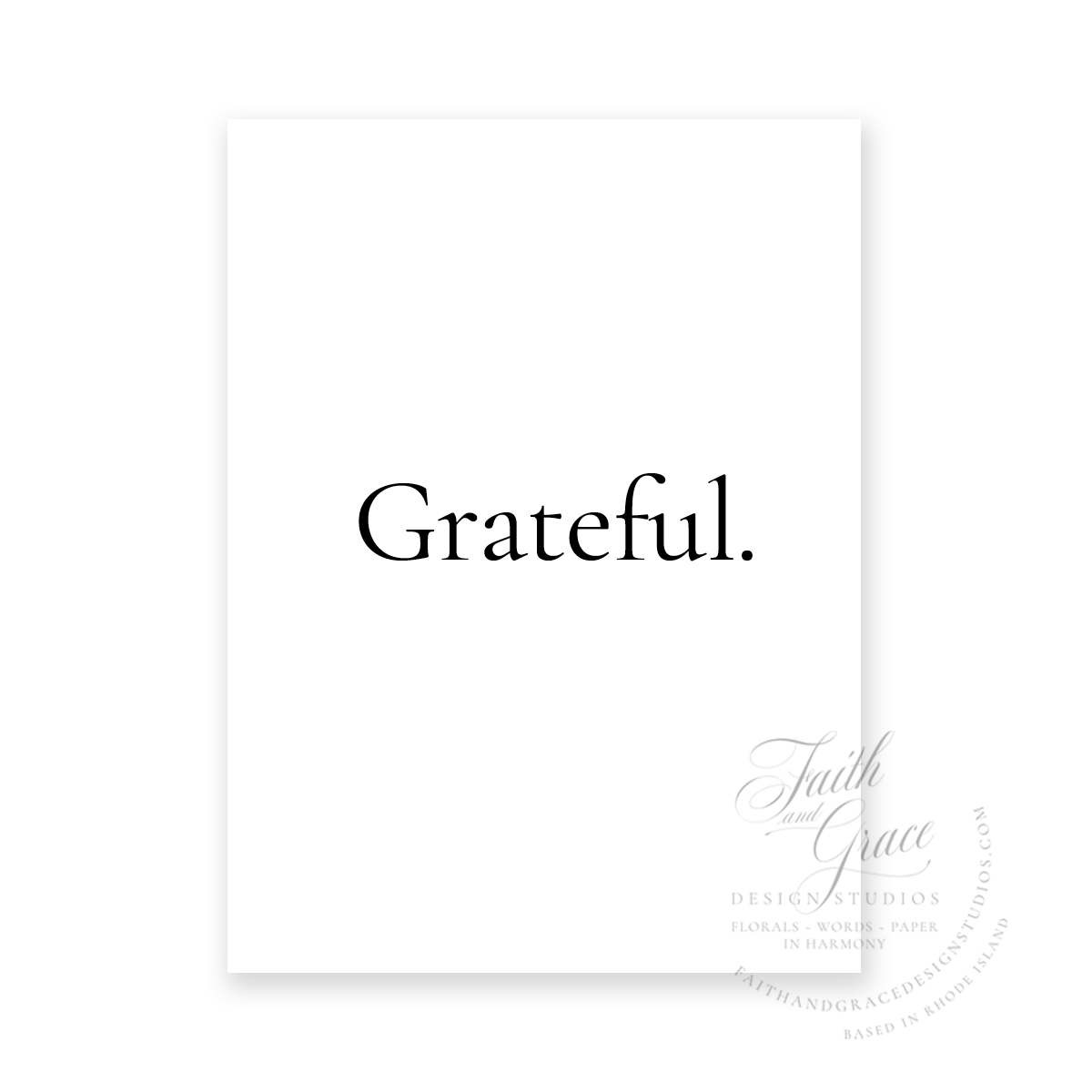 Grateful in black classic serif typeface on white felt stock Greeting Card