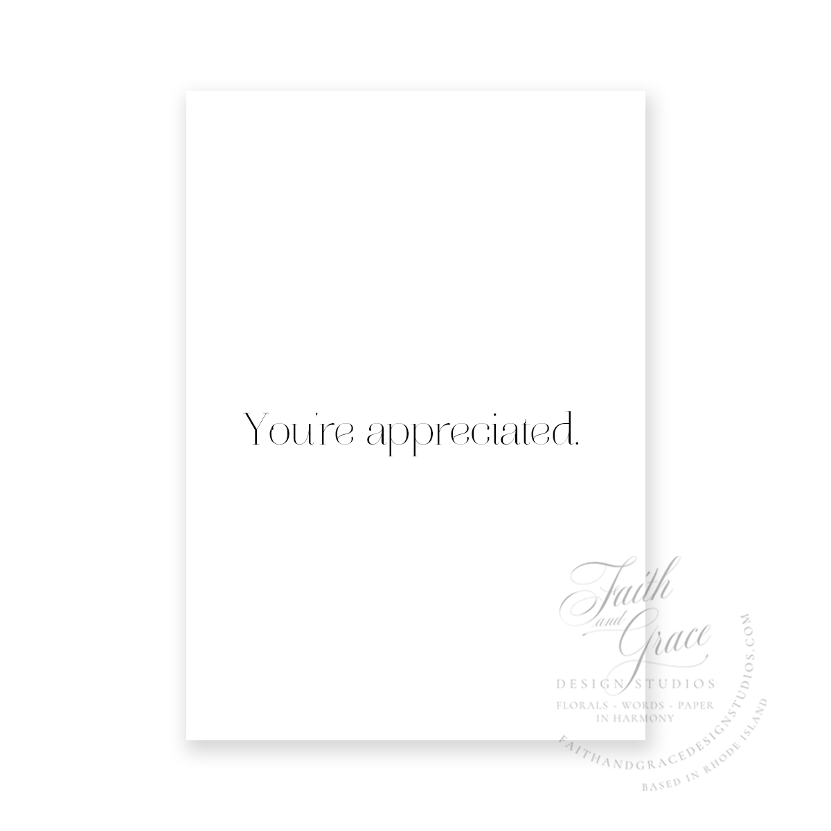 You are appreciated in black ink in a chic serif font on white felt stock Thank You Card