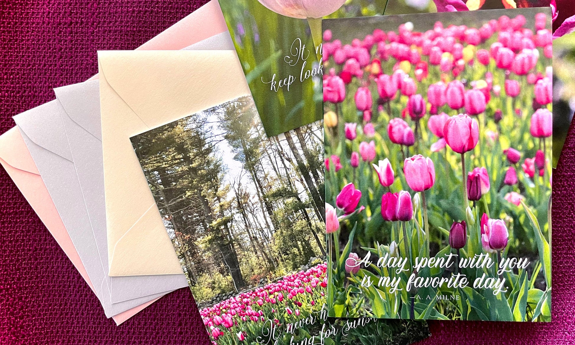 Tulip greeting cards and euro flap envelopes featuring photography by Kristina Petrilli of tulips grown in the backyard and at Wicked Tulips Flower Farm in Rhode Island.