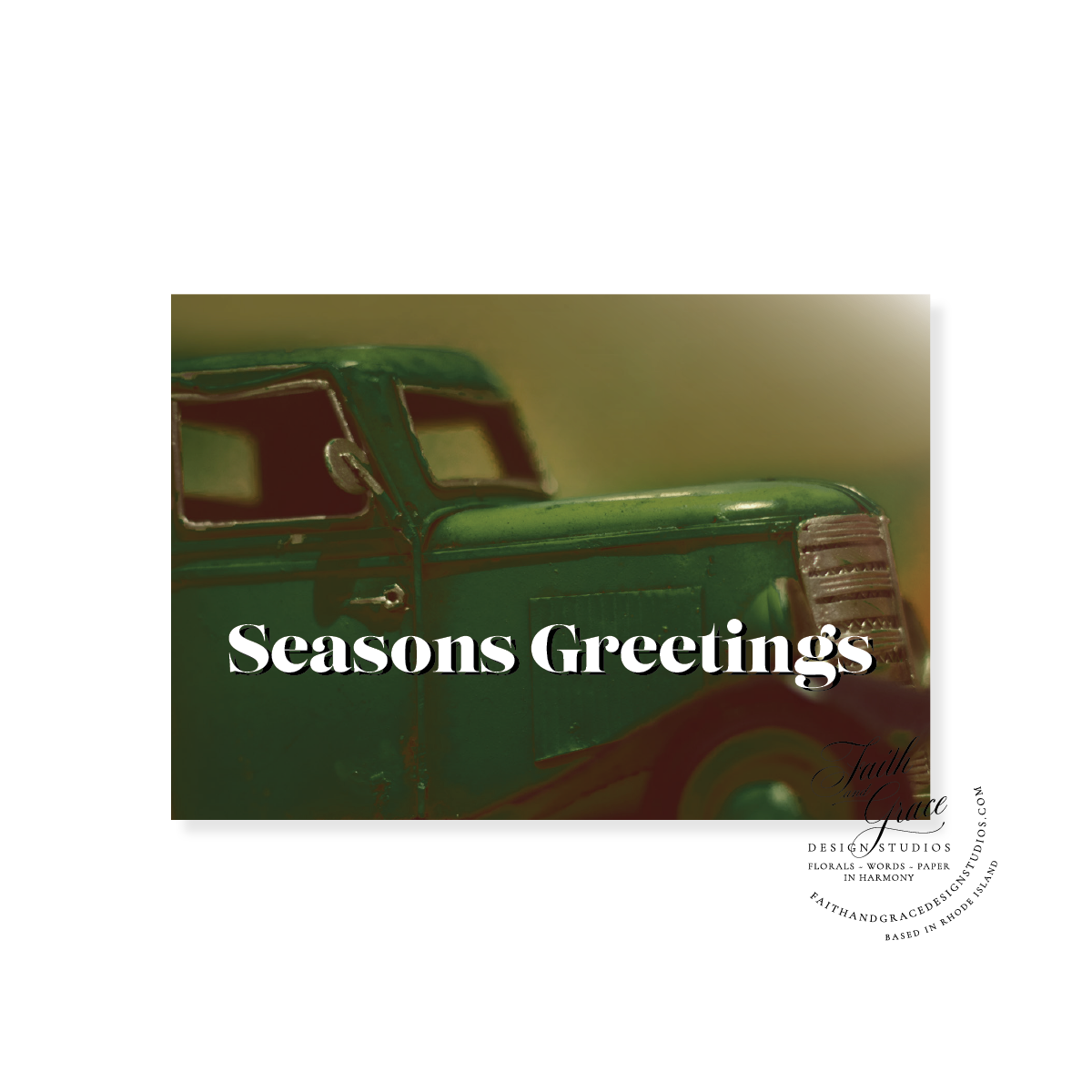 Seasons Greetings Green Truck Vintage Christmas Card