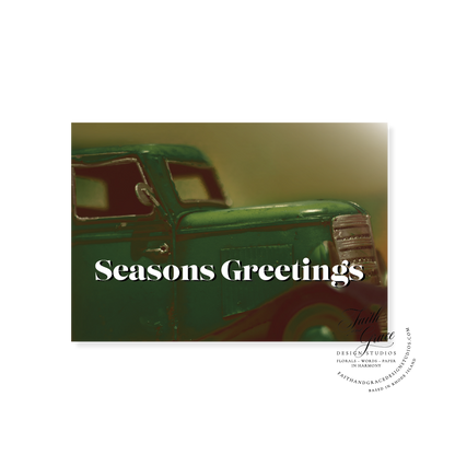 Seasons Greetings Green Truck Vintage Christmas Card