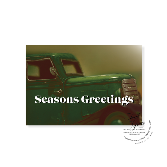 Seasons Greetings Green Truck Vintage Christmas Card