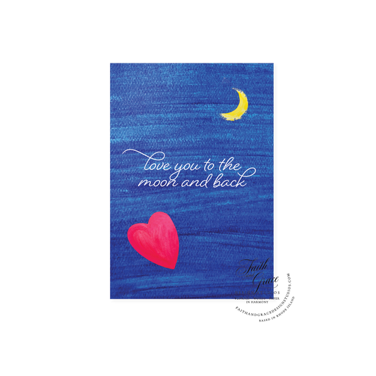 love you to the moon and back written in script on a dark blue night sky with a heart and a moon